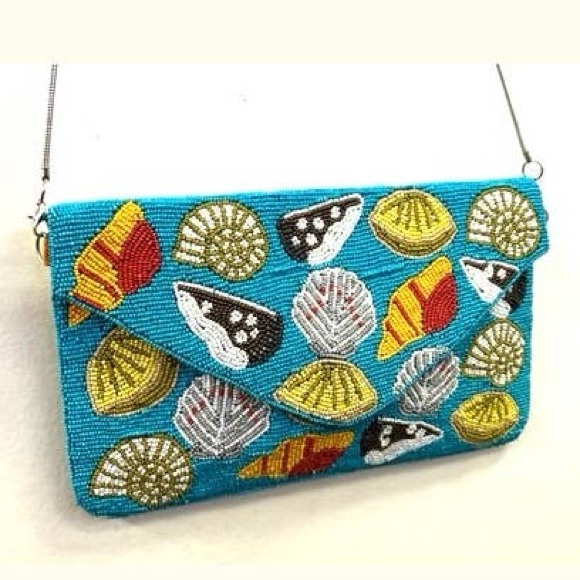 Vibrant Turquoise Seashell Beaded Clutch